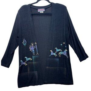 Vintage Wanted By Beads Beautiful Black Cardigan Colorful Horse & Tribal Print